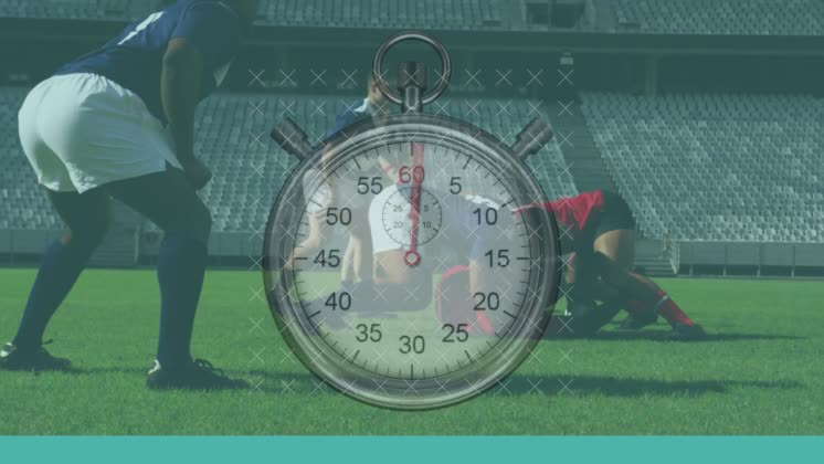 Animation of clock ticking over two multi-ethnic rugby teams playing ...