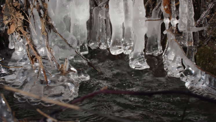 Video: Cold day at a creek, close-ups of icicles background; beautiful ...